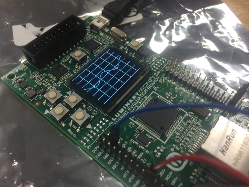 Connecting a small oscillating circuit to the onboard ADC Peripheral. Displaying the waveform on the display with gridline background.