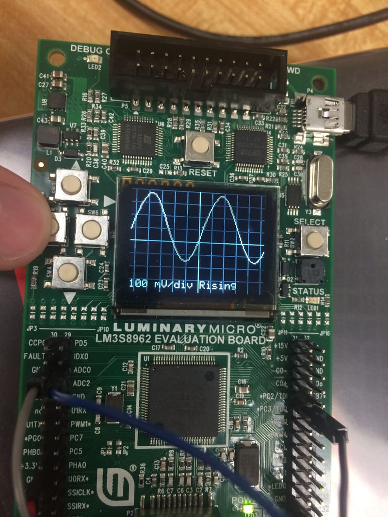Note the Trigger (SINE). Changing the Voltage Resolution (Scale). Display shows waveform adjusted accordingly.