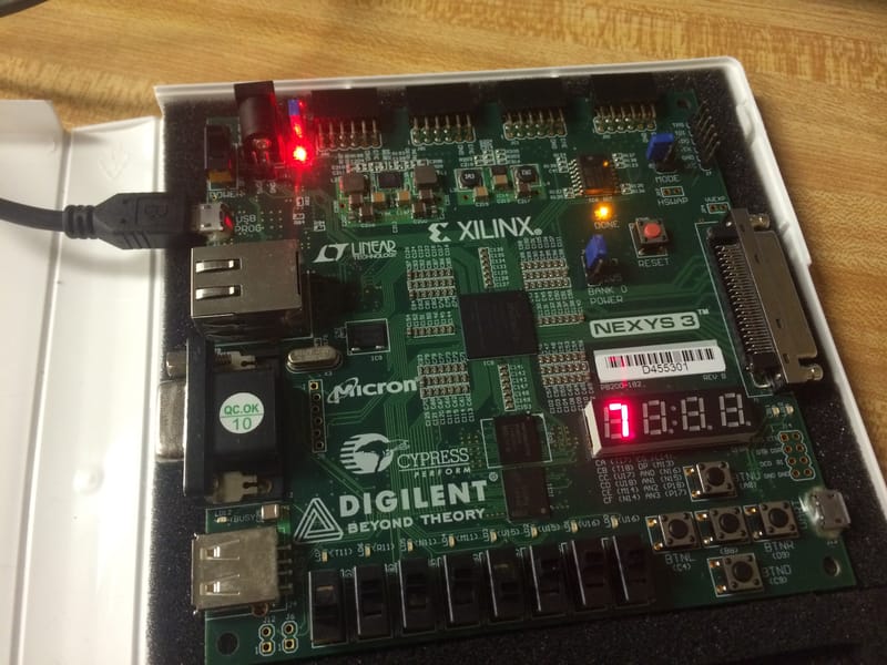 Manually toggling switches (binary) to show Hex Value on 4x 7-Segment Displays.