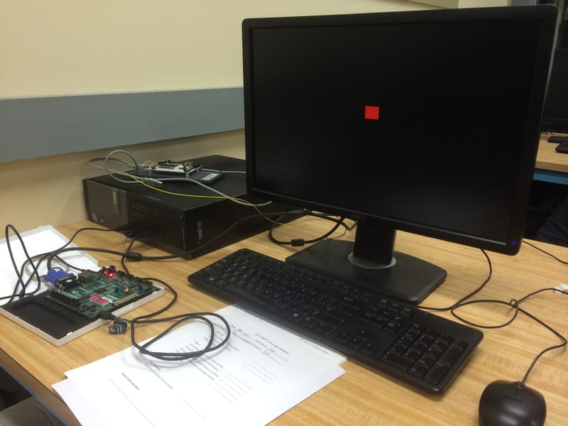 Red Box Centered on the screen. Corner and Color can be toggled using combination of switches.