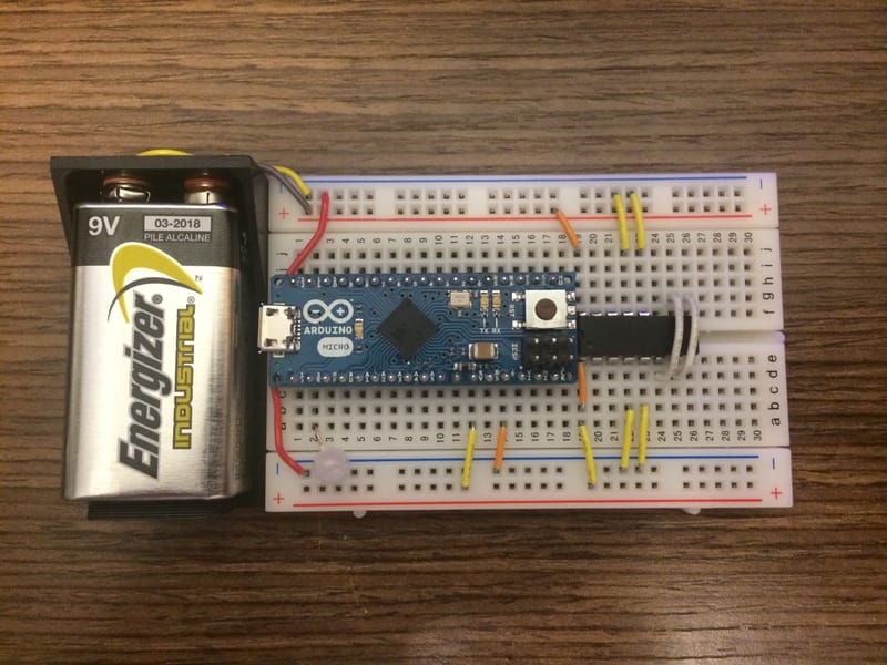 Final Design coming together, 9V Battery, Arduino Micro, Motor Driver, on Small Breadboard.