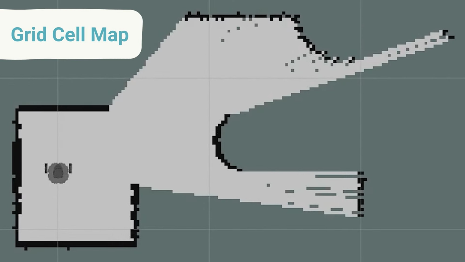 The robot's grid-cell representation of that same room after exploring it — black = obstacle, light gray = observed free, darker gray = unknown. [3]