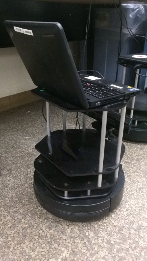 My WPI TurtleBot, isometric — iRobot Create base (vacuum removed), onboard Ubuntu laptop running ROS, Xbox Kinect mounted at the top.