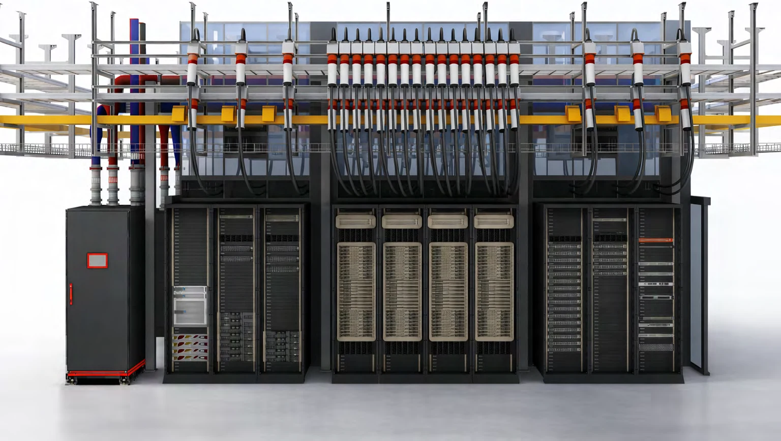A side elevation of a GB200 NVL72 pod: overhead busway and power distribution feeding the racks, with an nVent liquid-cooling CDU standing at the end of the row. (Rendering: NVIDIA Corporation and nVent Management Company)