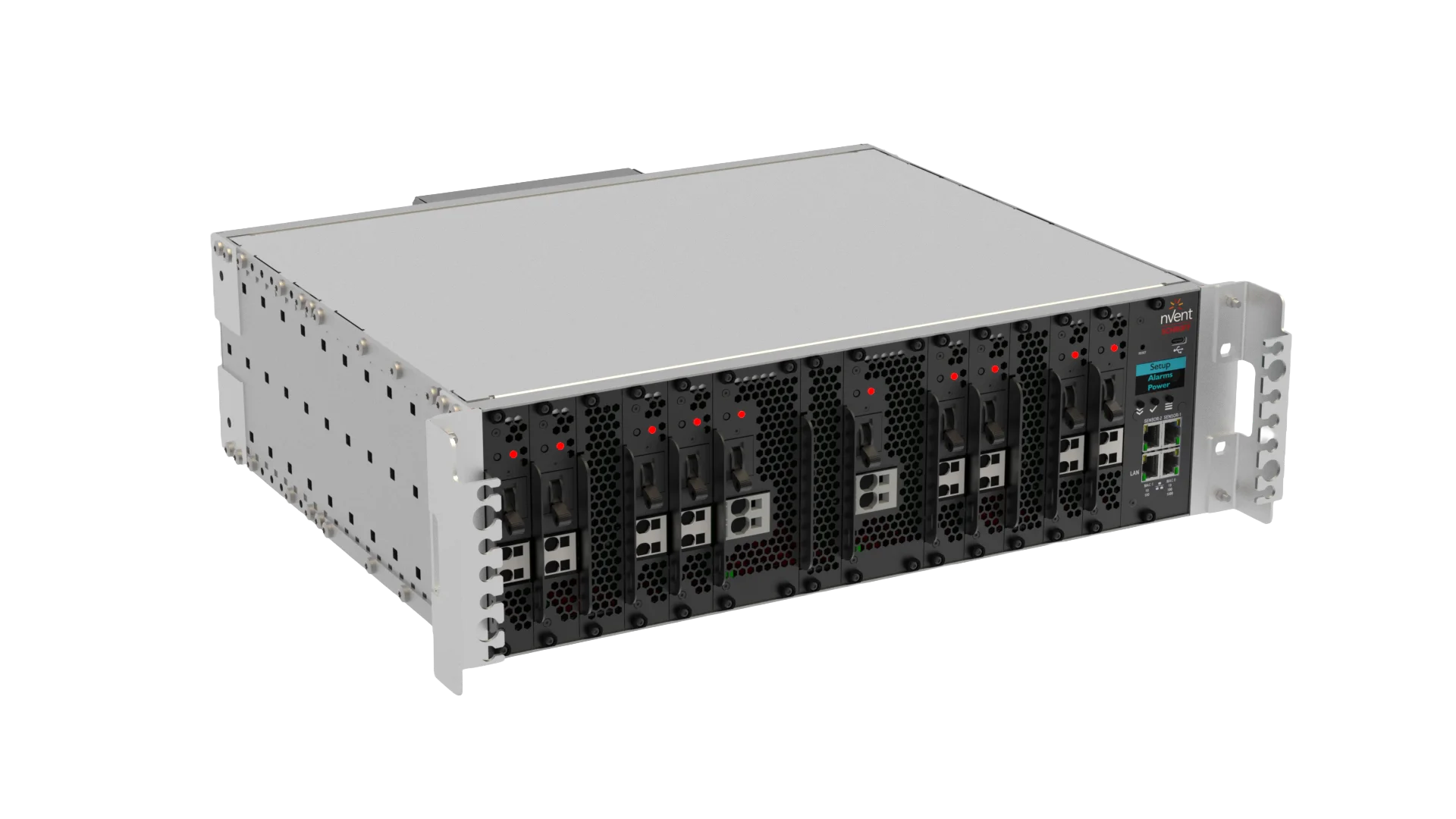 The nVent Schroff Smart DCDU: switched and metered -48V DC power distribution with hot-swappable modules and an on-board Network Management Controller. Stable power and real-time insight for mission-critical networks. (Image: nVent)